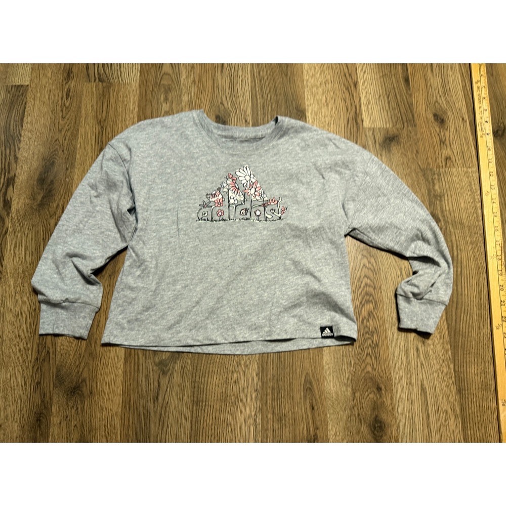 Adidas Shirts Girls Size 6 Gray Long Sleeve Floral Logo Graphic Tee